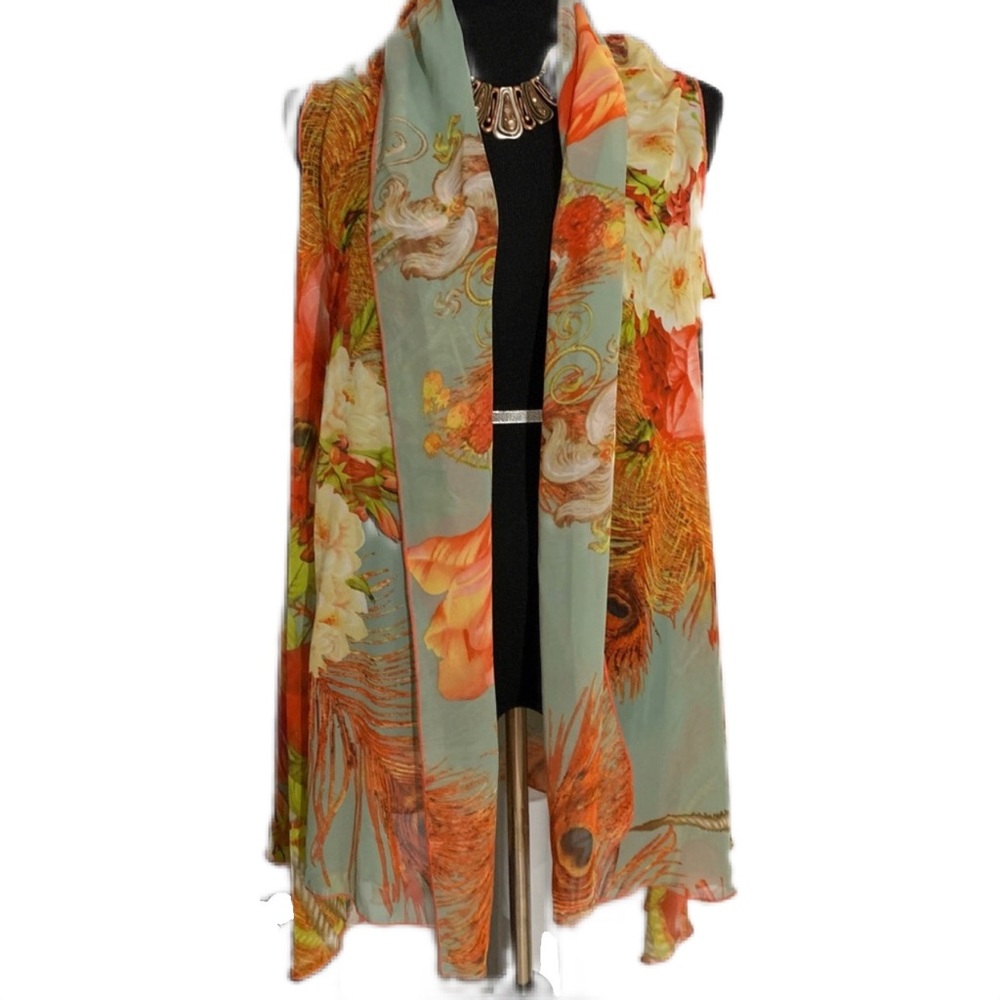 Lightweight Sheer Floral Spring Wrap Scarf | Armholes | SZ S